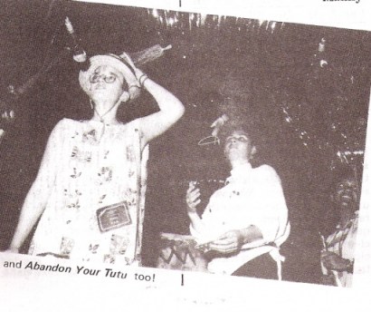 Black and white photo of band playing. Jackie Freeman, Babs Millington, Ruth Novaczek, Sandra Brown at September in the Pink festival