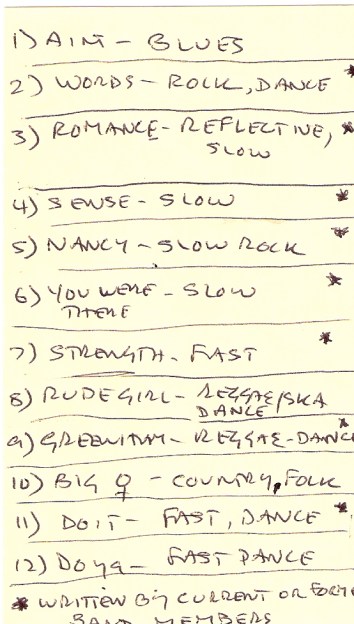 Bad Habits set running order Hand-written list of sings describing qualities and tempo, e.g. Ain't Gonna Marry - blues, Sense - slow, Rude Girls - reggae/ska dance, Big Women - country/folk.