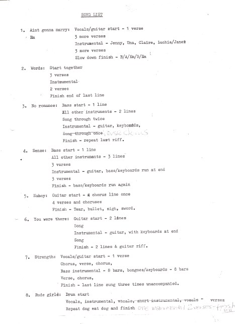 Bad Habits song list, page 1 A typed sheet listing titles such as Ain't Gonna Marry, No Romance, Sense, Strength, Rude Girls, Greenham Common Women, Big Strong Woman. Each song has information on song structure, e.g. 'Vocals start, 4 verses, instrumental, 4 verses, repeat last line.'