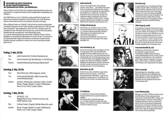 The inside of a black and white flyer for festival gigs in Frankfurt with photos of ten Canaille members, info in German.