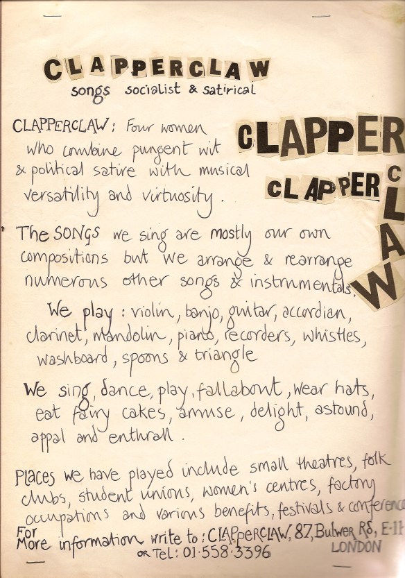 Handmade and handwritten clapperclaw poster. The tag line says 'songs socialist and satirical.' 