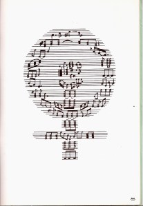 A hand-drawn image of a Women's Liberation Movement symbol using musical notes and staves