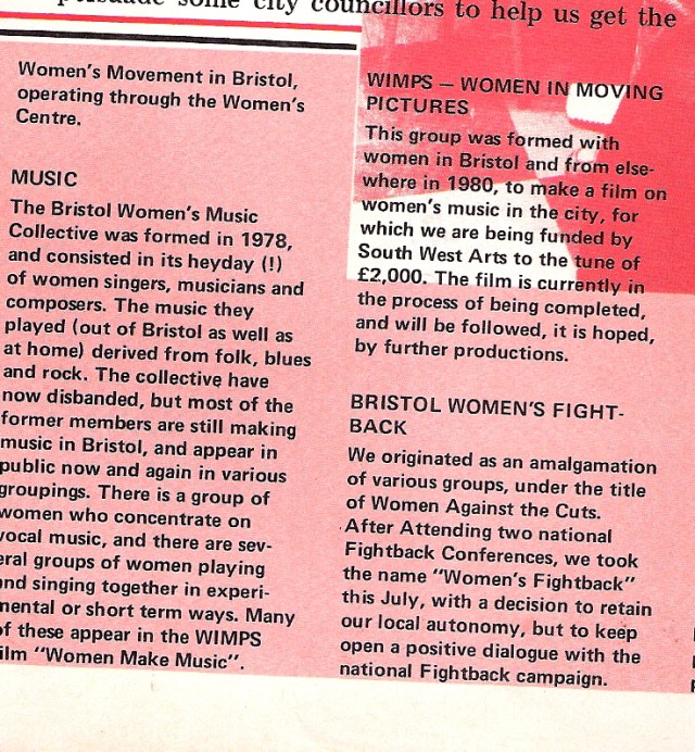 from Spare Rib issue 102 Information on Bristol Women's Music Collective, formed 1978: singers, musicians, composers. Though the collective had disbanded, some members continued playing and appeared in a film on women's music in the city, made by Women in Moving Pictures.