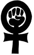 Women's Liberation symbol, clenched fist inside women's symbol, black on white background