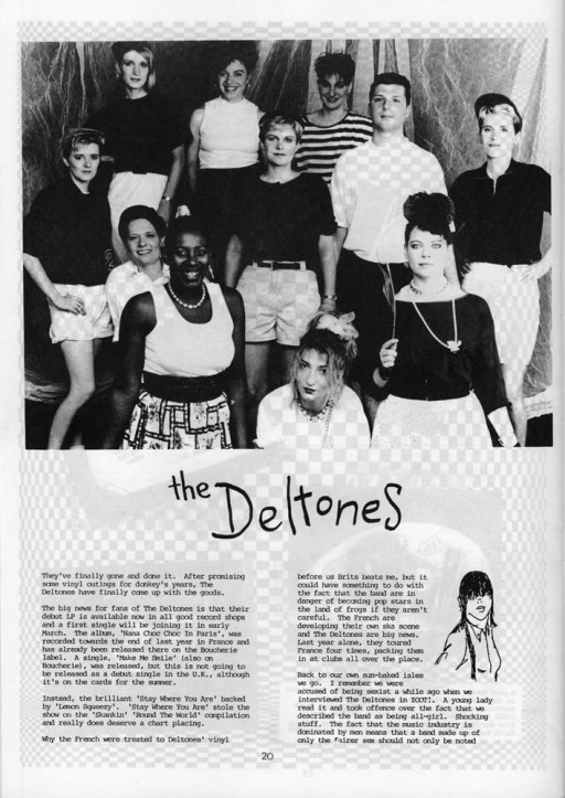 A positive review article from Zoot magazine, publicising the release of the Deltones debut album, 'Nana Choc Choc in Paris' noting that it was recorded in France where the band had a large following. Illustrated with black and white publicity shot of ten women and one man (they had been unable to find a female drummer) smiling to camera.