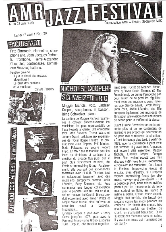 Information sheet from the AMR Jazz Festival 1989, in French, including the Nichols-Cooper-Schweizer trio, illustrated with a small photo of Maggie singing.