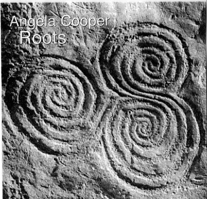 A black and white photo of three joined spirals from the 5000 year old site at Neath, with 'Angela Cooper, Roots,' written over it.