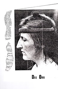 A portrait photo of Dee Orr in profile, looking seriously dramatic, from a Sally Forth programme. Fragments of text beside her. 