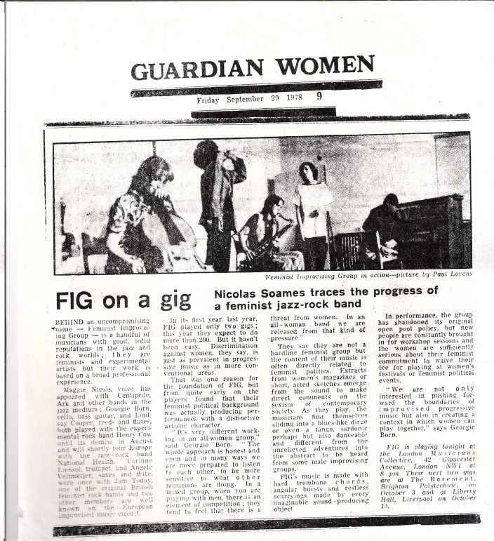 Image from the Guardian's women's page. Headline: 'FIG on a gig: Nicole Soames traces the progress of a feminist jazz-rock band.''. Image of band performing on double bass, trumpet, sax, vocals, piano.