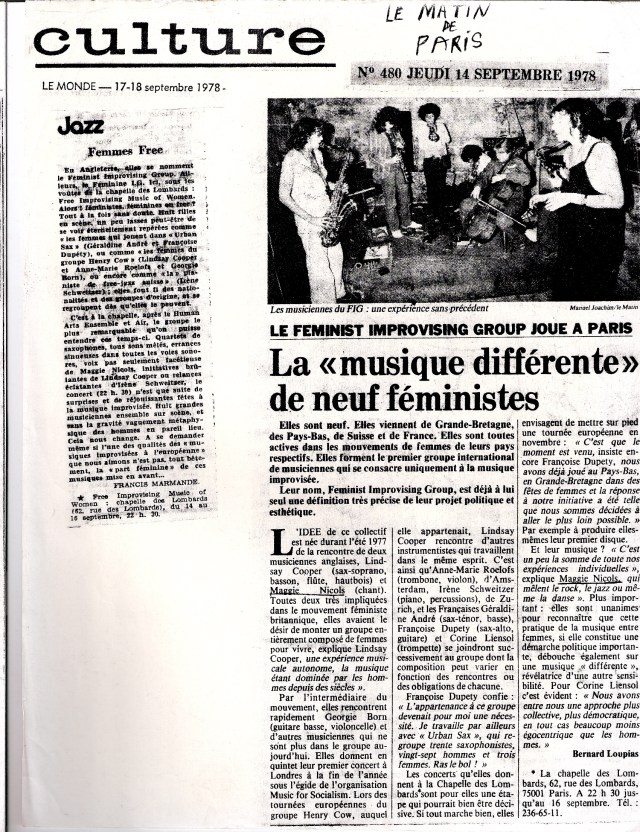 Newspaper article from French newspaper Le Monde. Image of band. Headline: 'La musique differente de neuf feministes.'