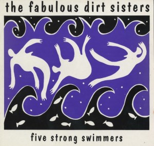 Cover for Five Strong Swimmers. Black, white and purple image of three women inside a wave.