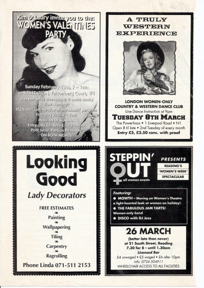 An ad for 'Steppin' Out' in Reading 'women's week spectacular' featuring women's theatre, the FJTs and disco. Other ads on this page are for  Looking Good women's decorating firm, a Women's Valentine Party, and a London Women Only Country and Western dance.