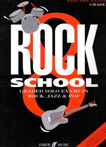 Stylised cover in black, red and white, of the exam course composed by Georgette. A drawing of drum kit and guitar illustrate the cover which reads 'Rock School. Graded solo examinations in rock, jazz and pop. Published by Faber Music.'