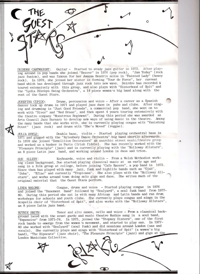 An advertisement for the Guest Stars, listing the line up of the sextet at that stage, Deirdre Cartwright, Julia Doyle, Josefina Cupido, Sue Ellery, Linda Malone, Ruthie Smith, and decorated with hand-drawn stars, planets and musical notes. The band's logo  included the 'S' of their name as a musical note and the 'A' as a star.