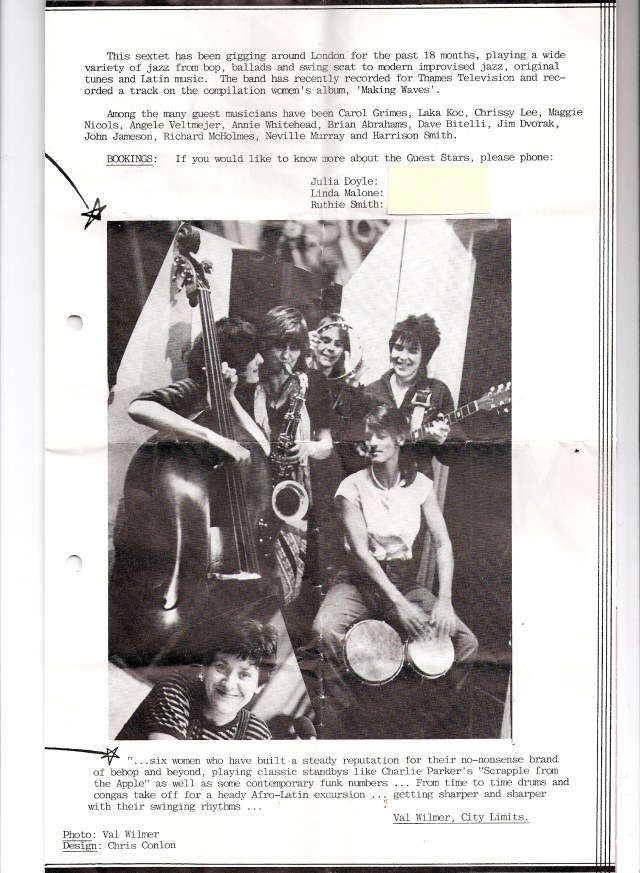 The Guest Stars publicity continues with a review by Val Wilmer from City Limits, 'Six women who have built a steady reputation for their no-nonsense brand of be-bop and beyond, playing standbys like Charlie Parker's Scrapple from the Apple as well as contemporary funk number. From time to time the drums and congas take off for a heady Afro-latin excursion. Getting sharper and sharper with their swinging rhythms.' The black and white accompanying photo is of the women holding their instruments and smiling, and the flyer gives contact info for bookings.