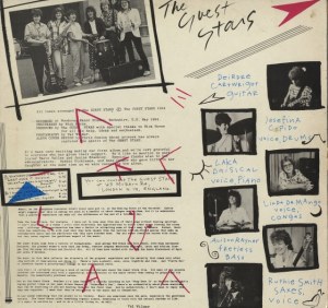 Back cover of the Guest Stars album has photos of band playing. Image unfortunately unclear so text illegible, but bright pink and blue musical notes and images make it dynamic.