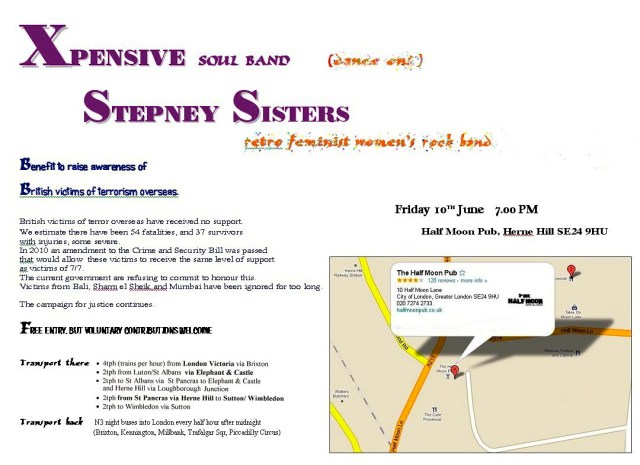 A flyer for a reunion gig by the Stepney Sisters, featuring also the band Xpensive, to raise funds for British victims of terrorism overseas.