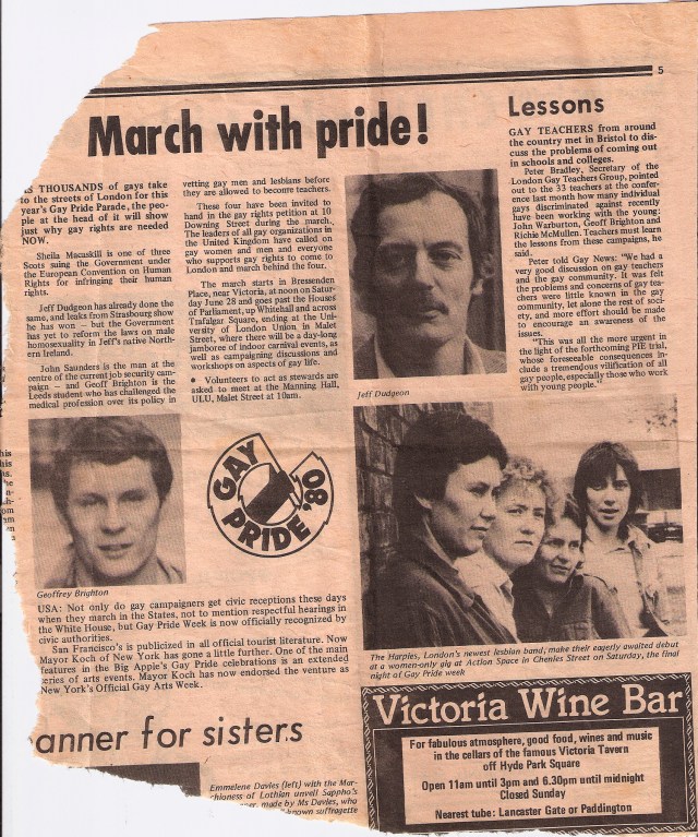 A torn fragment from a page of Gay News with announcement of The Harpies gig. 'London's newest lesbian band make their eagerly awaited debut at a women only gig at Action Space on Saturday, the final night of Gay Pride events.' Photo of the heads of the four members.