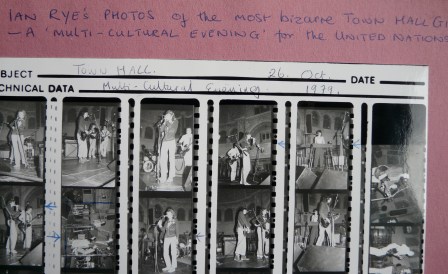 Contact sheet of images of the Mistakes performing at the Town Hall for a Multi-Cultural Evening', taken from Mavis Bayton's scrapbook