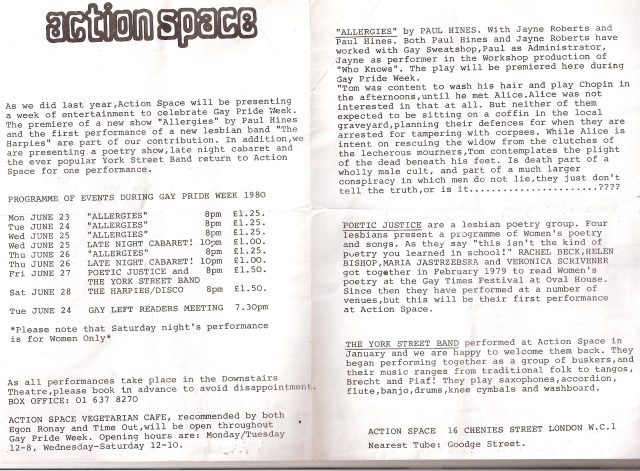 The programme lists events which include The Harpies, York Street Band and Poetic Justice, a lesbian poetry group.