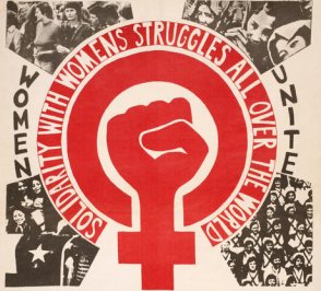 Around a large WLM clenched fist symbol in red are the words 'solidarity with women's struggles all over the world' and 'Women Unite.' Radiating out around the symbol are pictures of crowds of women demonstrating and marching.