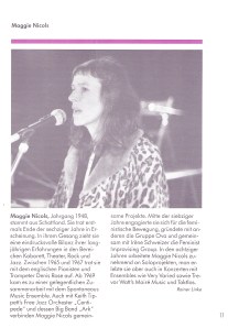 Programme page for Maggie Nicols, in German. Image of her singing.