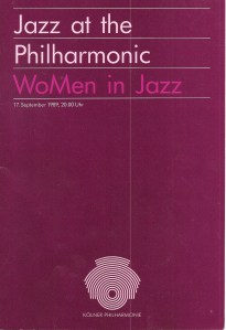 Jazz at the Kolner Philharmonic 1989 programme cover. Purple cover with pink text: 'WoMen (sic) in Jazz.'. 