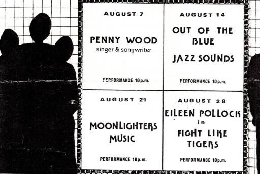 London Lesbian And Gay Centre gigs publicity Advertisement for London Lesbian And Gay Centre women's gigs, including Out of the Blue. Black silhouetted women's shapes on white background.