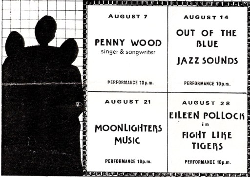 Black and white flier featuring Penny Wood, Out of the Blue, Jazz Sounds, Moonlighters Music, Eileen Pollock and Fight Like Tigers. Illustrated by black silhouettes of three women.