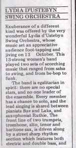 'Thirteen-strong women's band played two sets of scorching music, from salsa to swing, bebop to funk.' Review by Caroline Gilfillan.