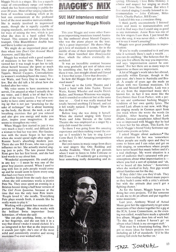'Maggie's Mix: Sue May interviews vocalist and improvisor Maggie Nicols. Small image of Maggie in performance.