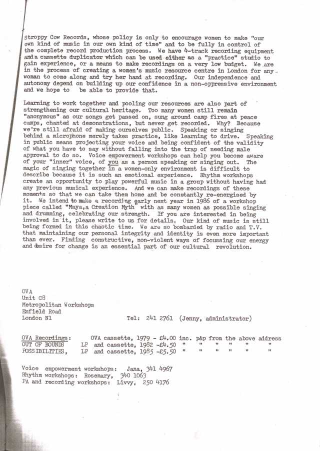 Ova manifesto 2 Page 2 of Ova Manifesto, typed. Includes details of music available for sale.