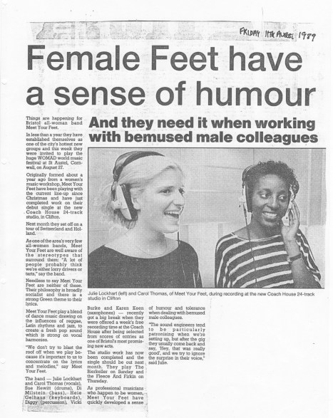 1989 article headed 'Female Feet have  sense of humour, with photo of two singers in recording studio wearing headphones. Quotes them as saying they have to have a sense of humour and tolerance when dealing with bemused men, particularly sound technicians.