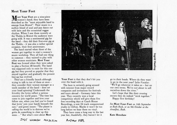 A 1989 article on Meet Your Feet in Just Women magazine, illustrated with a black and white photo of them performing,reviewing their first anniversary gig, describing the audience going wild.