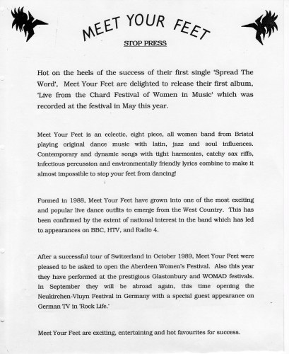 Meet Your Feet press release 1990 announces the release of their first album, recorded live at Chard Festival of Women in Music.