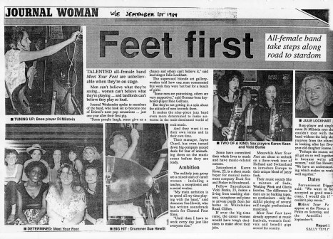 1989 article in Bristol Evening Post with interviews with the musicians and their photos, headed 'Feet first', praising the band..