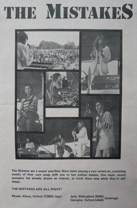 Black and white advert for The Mistakes, asking for gigs. Image of the band performing. 'Book them now while they're still cheap'!