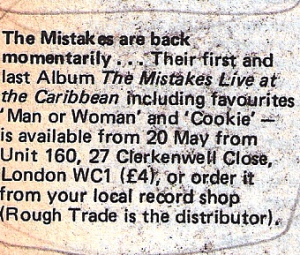Information notice in Spare Rib about the release of the last Mistakes album, 'Live at the Caribbean.'