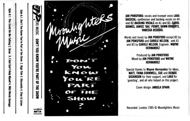 Black and white cover for Moonlighters Music album 'Don't You Know You're Part of the Show?' White dots design on black background. Recorded London 1985.