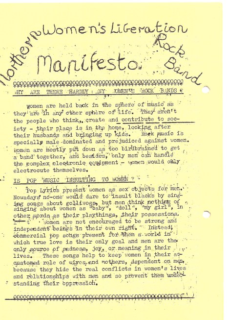 The title is handwritten and the rest of the manifesto and song lyrics typed, with women's symbols decorating the booklet. Song titles are 'Equal Pay Blues,'  'I Ain't Gonna Marry,'  'Invisible,' 'Matriarchy,' 'Blue Blood Blues,' ' Keep On Trucking', and 'The Male Chauvinist Oink.' 