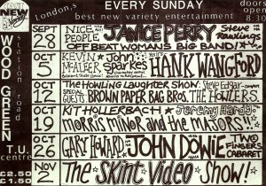Offbeat Women's Big Band Wood Green Trade Union Centre flier Handwritten, crowded black and white flier, listing all the acts taking place at the Wood Green Trade Union Centre, featuring Offbeat Women's Big Band, Janice Perry, John Dowie, the Skint Video Show.