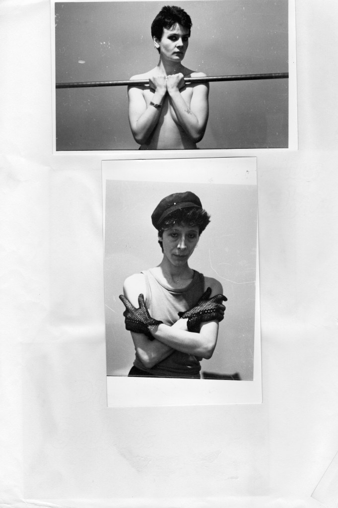 Two photos: Pauline is bare-breasted and holding a pole across her chest, Nina's arms are crossed in front of her, she's wearing a vest, black lace gloves and a cap.
