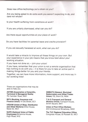 Piccadilly Splash flyer back Black and white typed information about employment rights, health and safety issues, equal opportunities, sexual harassment. Encouraging union membership and information about relevant organisations that can help.