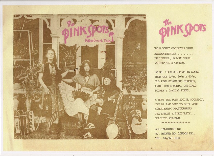 Sepis style photo of Pinkspots. The band are dressed in retro clothes, adorned with their instruments: accordian, banjo, guitar and clarinet. The text says 'Palm Court Trio Extraordinaire. Delightful, dulcet tones, variegated and tuneful.'