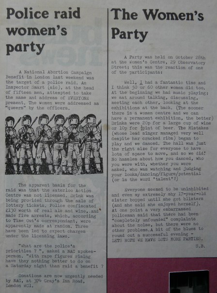 News item with headline 'Police raid women's party.' About the police raid of party for the National Abortion Campaign. The police addressed the women as 'queers.'
