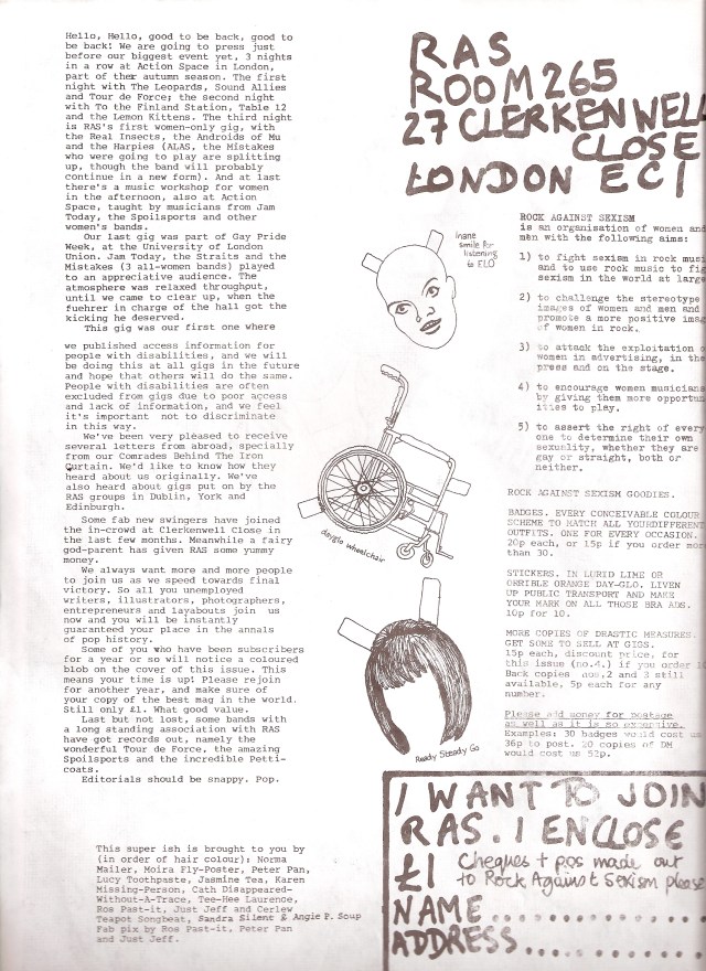 This page from Drastic Measures has a membership form and list of available RAS goodies, badges, dayglo stickers, and gives the handwritten address RAS, Room 265, 27 Clerkenwell Close, London EC1', and includes an editorial about RAS gigs making a commitment to providing disabled access, and states the aims of the group (as above.) Drawings of a 'dayglo wheelchair', a mask with an 'inane smile to listen to ELO', with tabs on of the kind used to dress paper cutout dolls.