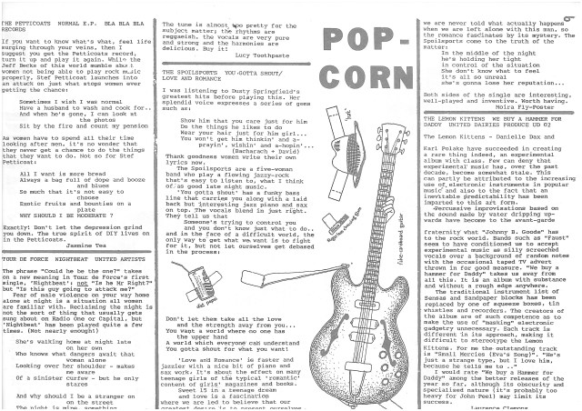 A page of music reviews from Drastic measures, headed 'Popcorn.'. Records reviewed are the Petticoats' 'Normal', Tour de Force's 'Nightbeat,' The Spoilsports' 'You Gotta Shout' and Lemon Kitten's 'We Buy A Hammer for Daddy.' Drawings of a pepsi tin, a hat, stick of chewing gum and a cardboard guitar have tabs on them of the type used for dressing paper dolls. 