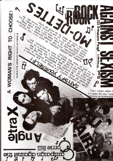 Flyer advertising RAS action at march for abortion rights 28 October 1979: the bands Delta 5, Gang of Four, Mekons and 'assorted feminist superstars' play on bandwagon. Photos of the bands plus statements by the women in them about how strongly they feel  'we must have a choice about abortion.'