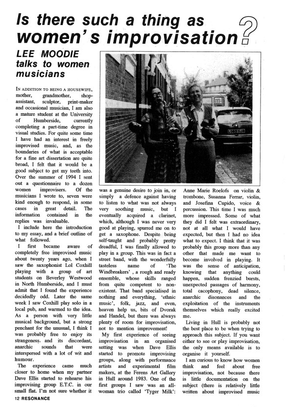 Resonance magazine article: 'Is there such a thing as women's improvisation? Lee Moodie talks to women musicians.' A photo of Maggie and another woman playing saxophone walking down a road toward the photographer and laughing.