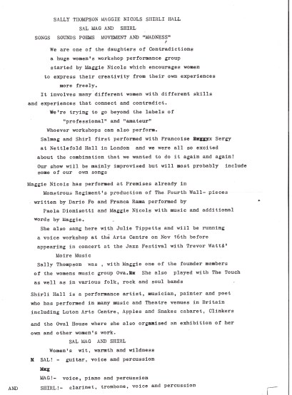 Flier cum manifesto for music-making by Sal, Mag and Shirl, 'daughters of Contradictions. Songs, sounds, poems, movement and madness.' Black and white typed text.